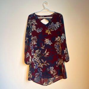Burgundy Floral Dress with Sheer Sleeve Detail